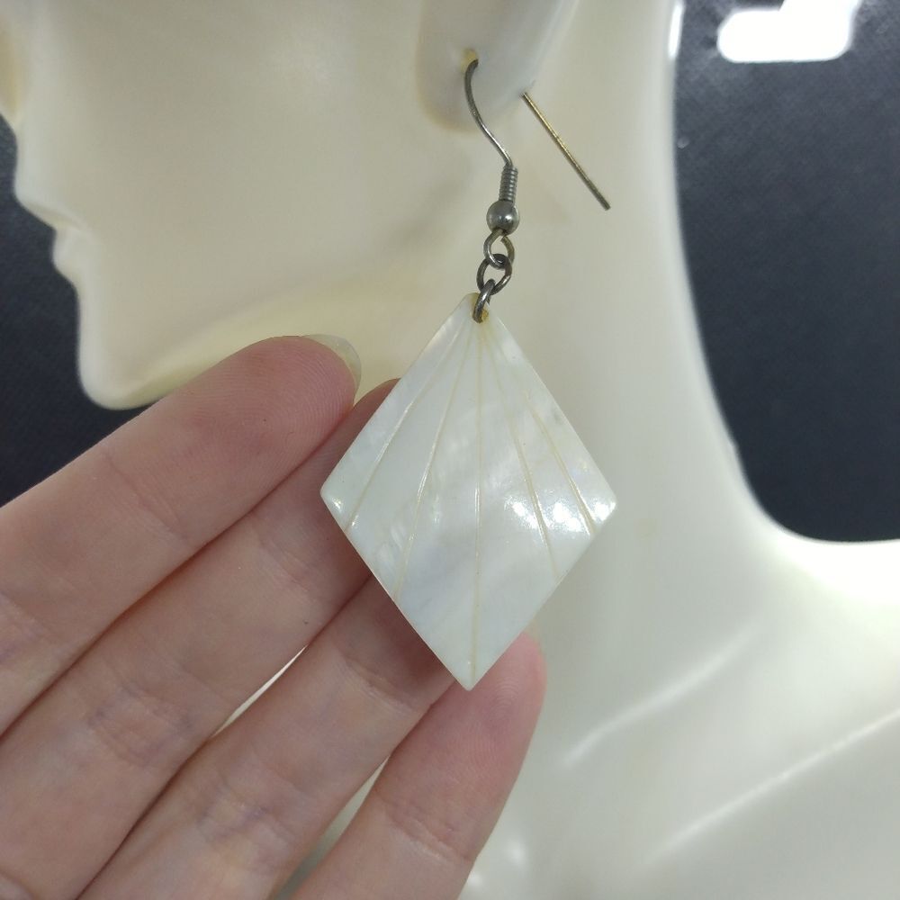 Brilliantly carved mother of pearl shell diamond shaped earrings